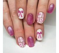 24 Pcs Glittering Full Covers Stick On Nails Mediums Square False Sweet Bows Press On Heart Artificial