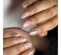 24 Pcs Glittering Full Covers Stick On Nails Short Oval False Nails Sweet Flowers Press On Fashion Artificial