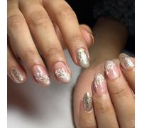 24 Pcs Glittering Full Covers Stick On Nails Short Oval False Nails Sweet Flowers Press On Nails Fashion Artificial Nails