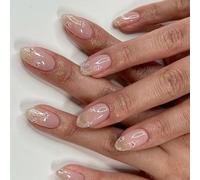 24 Pcs Glittering Full Covers Stick On Nails Short Round False Sweet Flowers Press On Simple Artificial