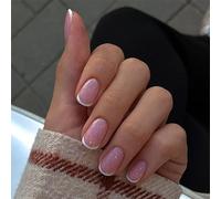 24 Pcs Glittering Press On Nails French Tips False Elegant Full Covers Stick On Short Round Acrylic