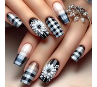 24 Pcs Glossy Checkerboard False Flowers Full Covers Stick on Mediums Square Acrylic