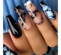 24 Pcs Glossy Full Coverage Stick On Nails Marble False Nails Extra Long Press On Nails Ballerinas Artificial Nails