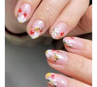 24 Pcs Glossy Full Covers False Nails Flowers Stick on Bees Acrylic Short Oval Press on