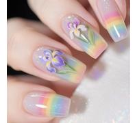 24 Pcs Glossy Full Covers False Nails Long Square Press On Lovely Flowers Stick On Colorful Acrylic