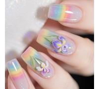24 Pcs Glossy Full Covers False Nails Long Square Press on Lovely Flowers Stick on Colorful Acrylic