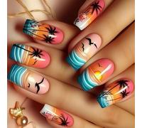 24 Pcs Glossy Full Covers False Nails Mediums Square Press On Coconut Tree Stick On Seagulls Acrylic