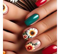 24 Pcs Glossy Full Covers False Nails Mediums Square Press On Nails Sunflowers Stick On Simple Acrylic