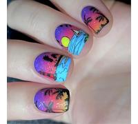 24 Pcs Glossy Full Covers False Nails Short Square Press On Nails Coconut Tree Stick On Sunset Acrylic