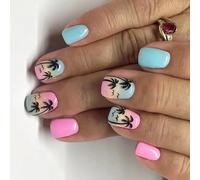 24 Pcs Glossy Full Covers False Nails Short Square Press On Nails Coconuts Tree Stick On Nails Gradients Acrylic Nails