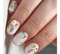 24 Pcs Glossy Full Covers False Nails Short Square Press On Nails Lovely Flowers Stick On Leaves Acrylic