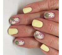 24 Pcs Glossy Full Covers False Nails Short Square Press On Nails Sweet Flowers Stick On Yellow Acrylic