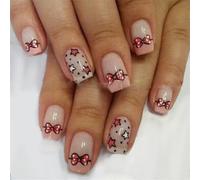 24 Pcs Glossy Full Covers Stick On Nails Lovely Star Press On Short Square False Bowknot Artificial