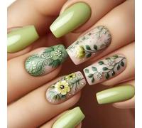 24 Pcs Glossy Full Covers Stick On Nails Mediuim Square False Nails Green Flowers Press On Simple Artificial