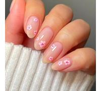 24 Pcs Glossy Full Covers Stick On Nails Short Oval False Nails Sweet Flowers Press On Nails Simple Artificial Nails