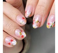 24 Pcs Glossy Full Covers Stick On Nails Short Oval False Sweet Flowers Press On Bees Artificial