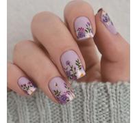 24 Pcs Glossy Full Covers Stick On Nails Short Square False Lovely Flowers Press On Reusable Artificial