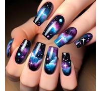 24 Pcs Glossy Full Covers Stick on Nails Star Clouds False Square Press on Stylish Artificial Acrylic