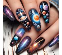 24 Pcs Glossy Full Covers Stick On Nails Starry Skies False Long Press On Stylish Artificial Acrylic