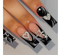 24 PCS Glossy Jet Black Press on Nails - Long Coffin ShapeCrystal Nude Base Silver Rhinestone Accent - White Dot Highlights Gothic Glam Nail Art Cosmic Design