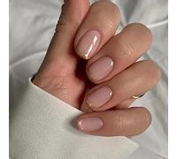 24 Pcs Glossy Milky and Pink Solid Short Designs,False Nails Oval with Nail Glue,French Almond for Women and Teens,Pretty Fake Nails for Girls Nails Art 26glitter&gold1