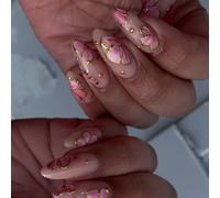 24 Pcs Glossy Press On Nails Almond Shape False Nails Simple Stick On Nails Flowers Artificial Nails