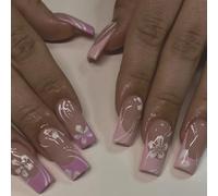24 Pcs Glossy Press On Nails French Tips False Flowers Full Covers Stick On Mediums Length Acrylic