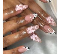 24 Pcs Glossy Press On Nails French Tips False Sweet Bows Full Covers Stick On Short Almond Acrylic