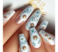 24 Pcs Glossy Press On Nails Long False Nails Lovely White Flowers Stick On Ballerinas Artificial