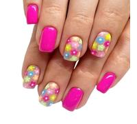 24 Pcs Glossy Press On Nails Short Square Stick On Colorful Flowers False Solid Color Acrylic