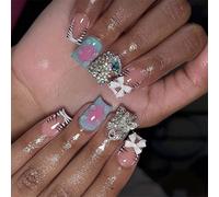 24 Pcs Glossy Press On Nails With Rhinestones French Tips False Nails 3D Bows Full Covers Stick On Nails For Woman Girls
