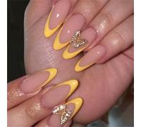 24 Pcs Glossy Press On Nails Yellow French Tips False Butterfly Full Covers Stick For Woman