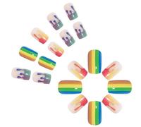 24 Pcs Glossy Rainbow Stripe Press On Nails Short Square False Nails French Tips For Women And Girls Nails Art Decoration