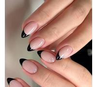 24 Pcs Glossy Short Almond False Lovely Simple Stick on Black French Tip Artificial