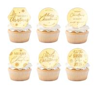 24 Pcs Gold Merry Christmas Cupcake Toppers Acrylic Mirror Disc Xmas Cupcake Decorations for Christmas New Year Party Supplies
