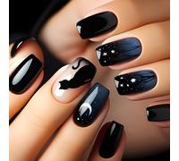 24 Pcs Gradient Artificial Nails Moon And Star Full Covers False Glossy Stick On Black Cats Press On