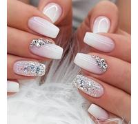 24 pcs Gradient Rhinestones Press on Nails Medium Square Fake Nails with Glitter Diamonds Design False Nails Full Cover Glitter Gradient White Glossy Acrylic Nails for Women Manicure Decoration