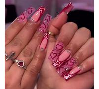 24 Pcs Gradients Heart Acrylic Nails Valentines Day False Nails French Tip Stick On Nails Coffin Shaped Press On Nails