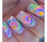 24 Pcs Gradients Press On Nails Long False Nails Star Acrylic Nails Stylish Full Covers Stick On Nails For Woman