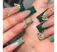 24 Pcs Green with Gold and Crystal Embellishments with Long French Tip Design, Long Lasting False Nails Set, Emerald Green Dark Jade Butterfly Rhinestone Luxury Baroque Style (Square Nails)