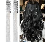 24 Pcs Hair Tinsel Clip in 20.5 Inch Glitter Shiny Sparkling Fairy Hair Tinsel Clips Dazzling Party Hair Accessories for Women Kids for Christmas Halloween New Year Party Silver