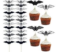 24 PCS Halloween Cake Topper, 3D Cupcake Toppers, Bat Haunted House Themed Cake Decoration for Birthday Party Decorating Supplies