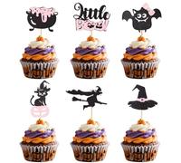 24 Pcs Halloween Cupcake Toppers, Pink & Black Glitter Hat Bat Witch Black Cat Little Boo Pot Ghost Cake Picks Decorations for Trick or Treat theme Party Decor Birthday Baby Shower Supplies
