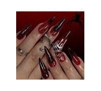 24 PCS Halloween Fake Nail, Goth Almond Press on Nails, Wine Red Gradient False Nails with Spider Web and Spider Design, Removable Glue on Nail Manicure Kit for Women Girls Party