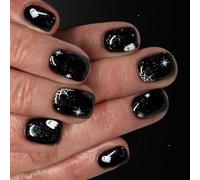 24 Pcs Halloween Press On Nails Spiders Web Short Square Glossy Full Cover Artificial Nails For Women Short Square False Nail Spiders Web Press On Nail Halloween Stick