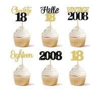 24 Pcs Happy 18th Birthday Cupcake Toppers Star 18 Hello Eighteen Vintage 2008 Cupcake Picks Cheers to 18 Years Decorations for him 18th Birthday Anniversary Party Cake Decorations Supplies Black Gold
