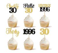 24 Pcs Happy 30th Birthday Cupcake Toppers Star 30 Hello Thirty Vintage 1996 Cupcake Picks Cheers to 30 Years Decorations for him 30th Birthday Anniversary Party Cake Decorations Supplies Black Gold