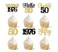 24 Pcs Happy 50th Birthday Cupcake Toppers Star 50 Hello Fifty Vintage 1976 Cupcake Picks Cheers to 50 Years Decorations for him 50th Birthday Anniversary Party Cake Decorations Supplies Black Gold