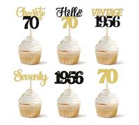 24 Pcs Happy 70th Birthday Cupcake Toppers Star 70 Hello Seventy Vintage 1956 Cupcake Picks Cheers to 70 Years Decorations for him 70th Birthday Anniversary Party Cake Decorations Supplies Black Gold