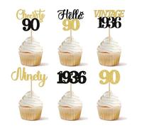 24 Pcs Happy 90th Birthday Cupcake Toppers Star 90 Hello Ninety Vintage 1936 Cupcake Picks Cheers to 90 Years Decorations for him 90th Birthday Anniversary Party Cake Decorations Supplies Black Gold
